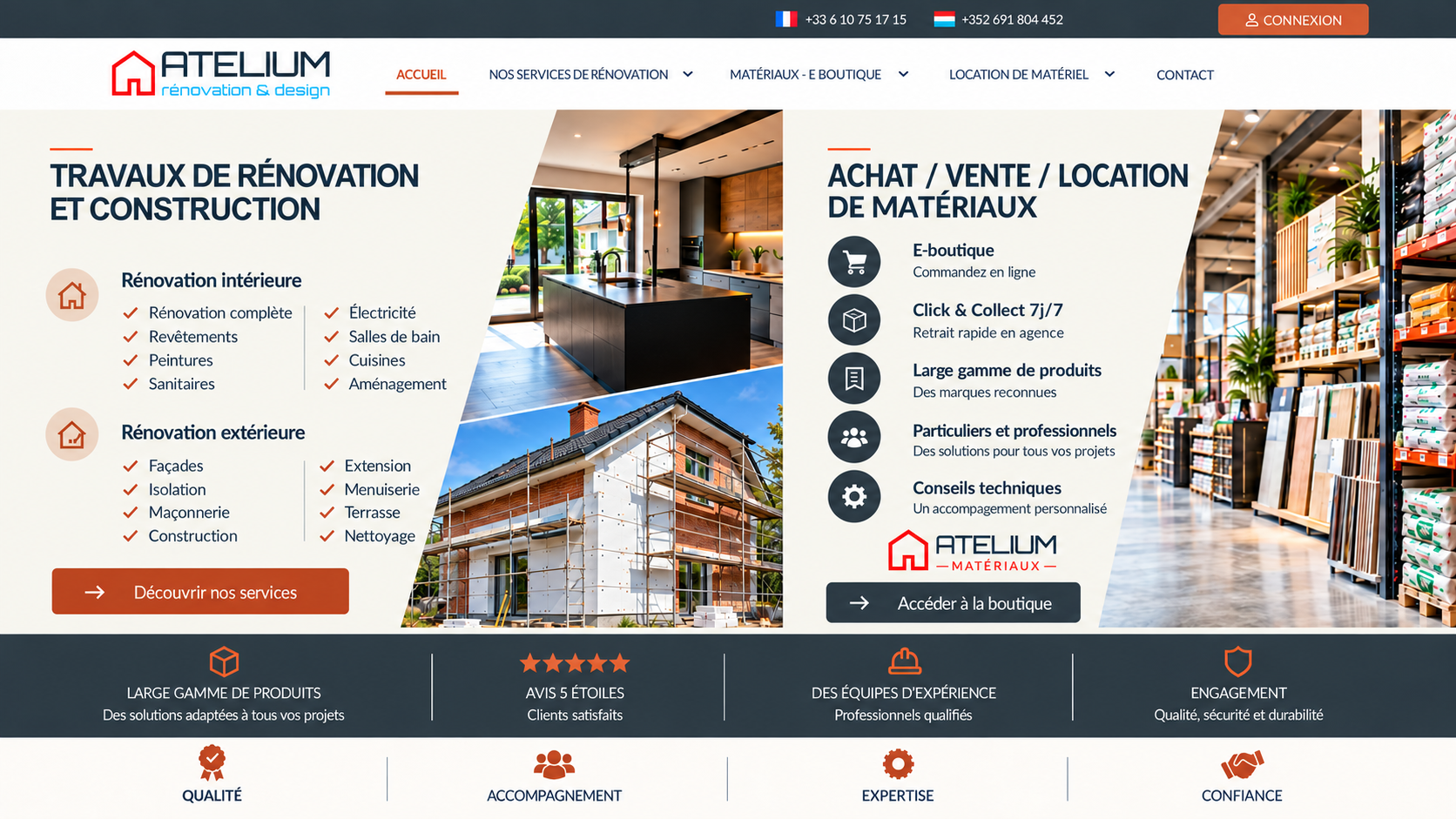 Travaux de rénovation et construction, achat, vente et location de matériaux